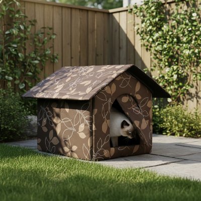 Un chat siamois sortant d'une maison pour chat extérieur en tissu marron dans un jardin