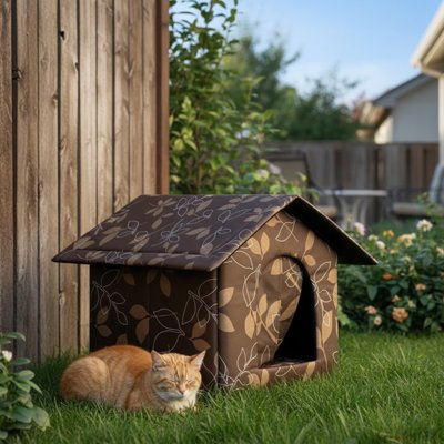 Un chat roux devant une maison pour chat extérieur marron à motifs de feuilles dans un jardin.