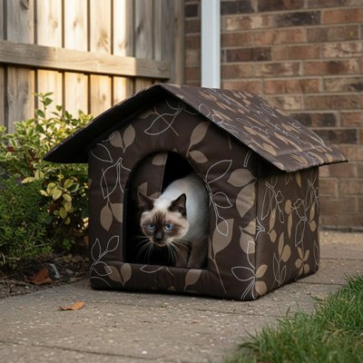  Chat gris dans une maison pour chat extérieur en tissu imperméable à motifs de feuilles