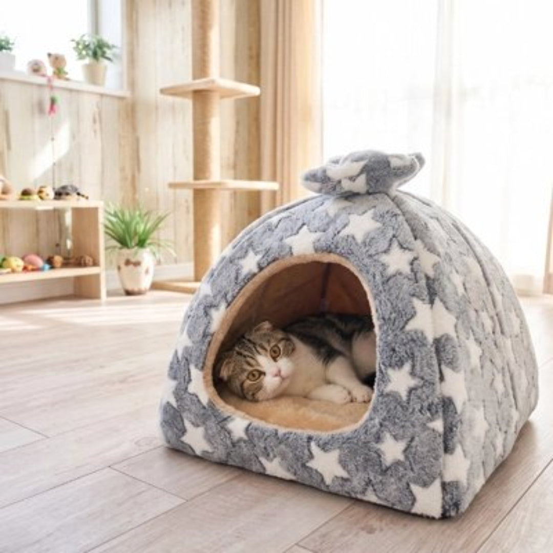 Maison pour chat gris à motifs d'étoiles dans un salon