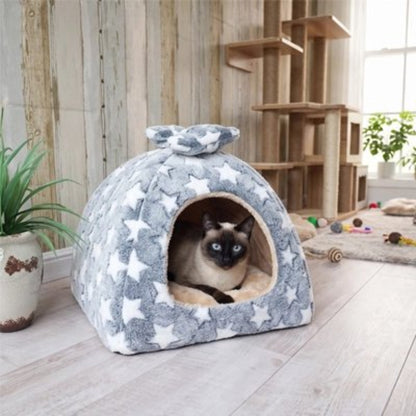 maison pour chat gris à motifs d'étoiles 