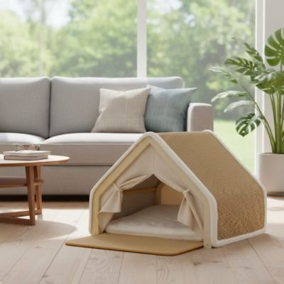 maison pour chat dans un salon lumineux, baignée de lumière naturelle
