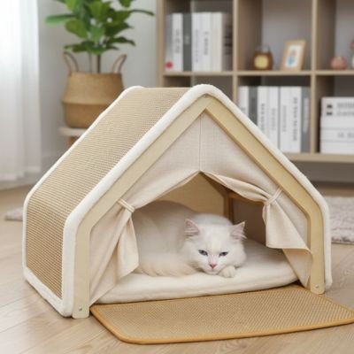 Un chat blanc allongé dans une maison pour chat
