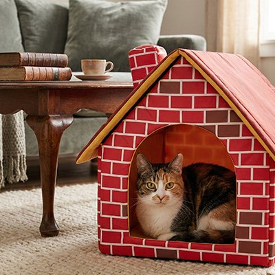 Chat confortable dans une maison pour chat en forme de maison à briques rouges