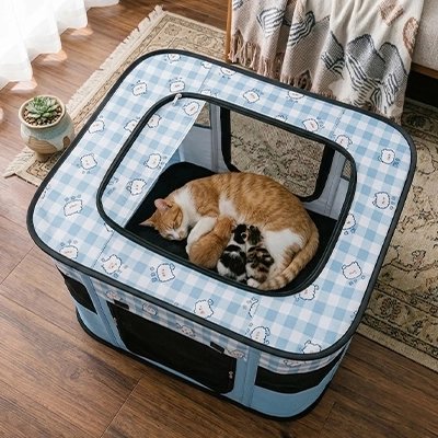 Maisons pour chat bleues dans un salon