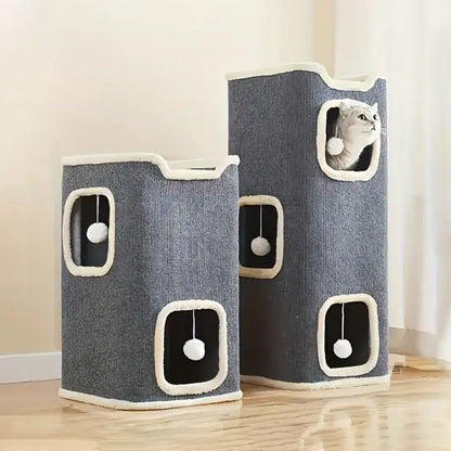 maisons pour chat en forme de tour rectangulaire gris foncé.