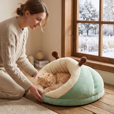 Moment de complicité entre une femme et son chat roux dans un lit chat en peluche
