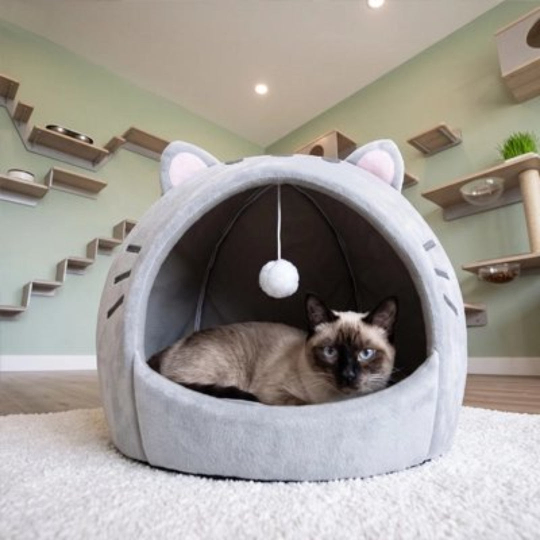 Niche à chat de couleur gris  avec un chat dedans
