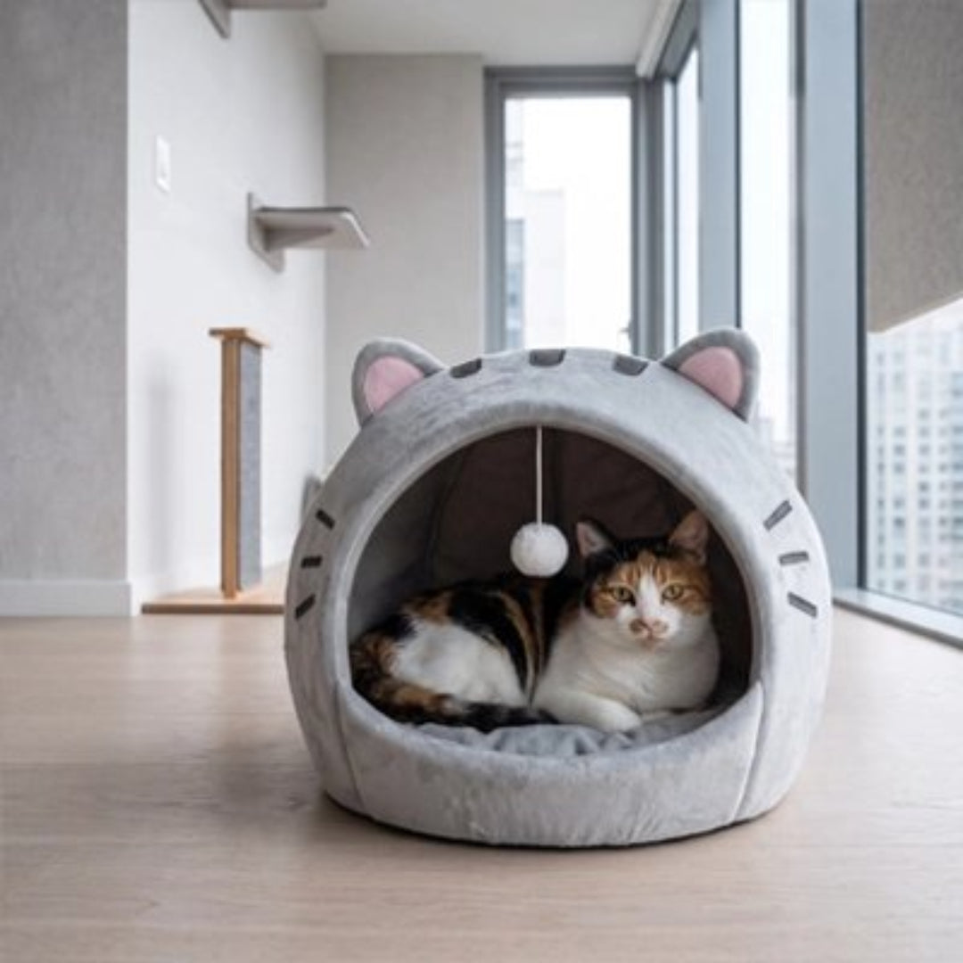 Niche à chat de couleur gris dans un salon