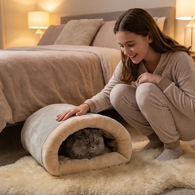 Niche chat de couleur grise dans une chambre