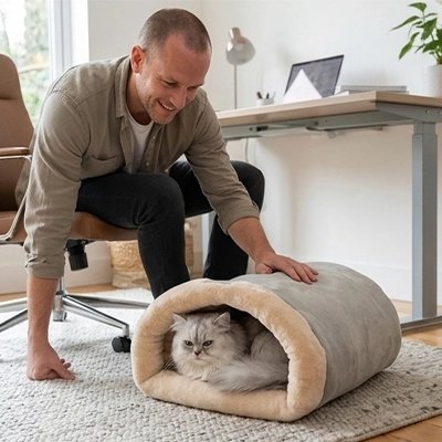 Niche chat de couleur grise sur tapis