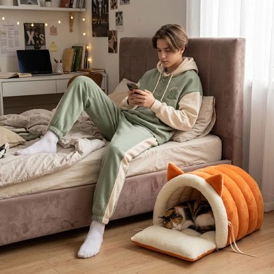 Niche chat de couleur orange dans une chambre