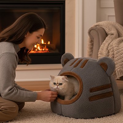 Niche chat grise sur un tapis
