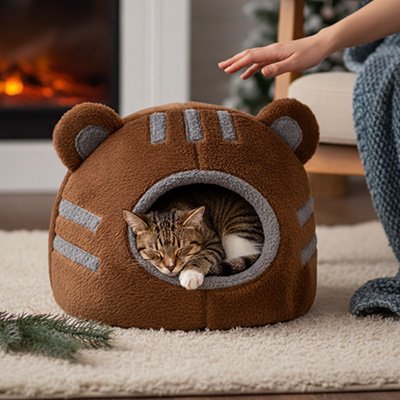 Niche chat marron sur un tapis