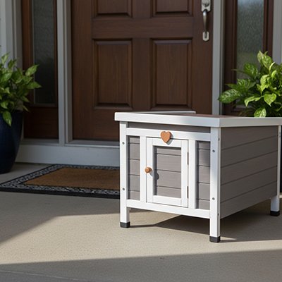 Niche extérieure pour chats en bois surélevée, coloris gris et blanc avec détails soignés comme un loquet en forme de cœur.
