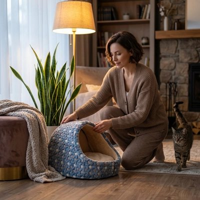 Une femme est agenouillée dans son salon et arrange une niche pour chat bleue à motifs d'étoiles, tandis qu'un chat tigré s'approche curieusement sous la lumière douce d'un lampadaire.