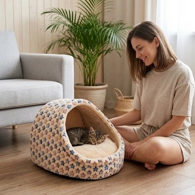 Une femme souriante est assise au sol à côté d'un petit chaton tigré qui dort paisiblement à l'intérieur d'une niche pour chat dans un salon chaleureux et lumineux.