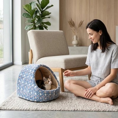 Une femme souriante est assise en tailleur sur un tapis et tend la main vers son chaton calico installé dans une niche pour chat douillette bleue à motifs d'étoiles, dans un salon au style épuré.