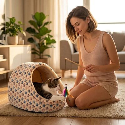 Une femme agenouillée joue avec son chat tigré et blanc installé à l'intérieur d'une niche pour chat douillette 