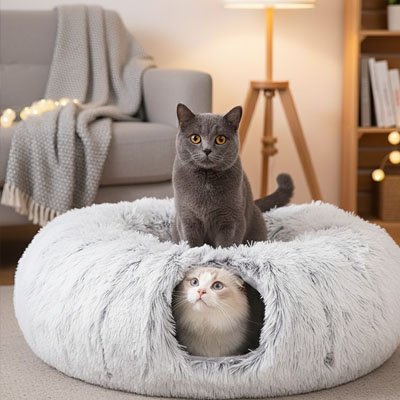 Niche pour chat en fausse fourrure grise, illustré avec deux chats l'utilisant en même temps dans un salon.