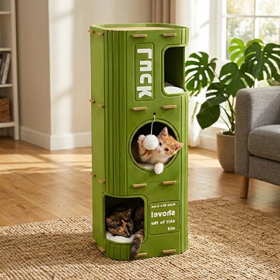 niche pour chat en feutre vert avec trois niveaux de repos et de jeu, idéal pour les foyers multi-chats