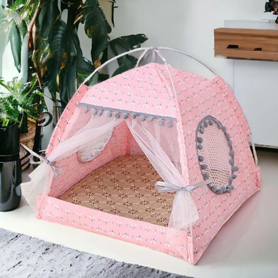 Niche pour chat en forme de dôme, fabriquée dans un tissu rose 