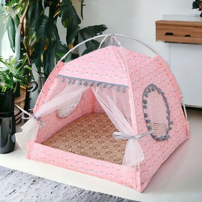 Niche pour chat en forme de dôme, fabriquée dans un tissu rose 