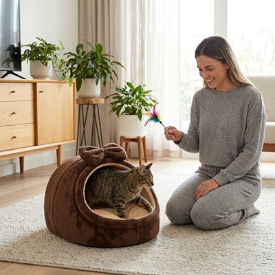 Niche pour chat en peluche marron avec nœud décoratif, illustré en situation de jeu avec sa propriétaire
