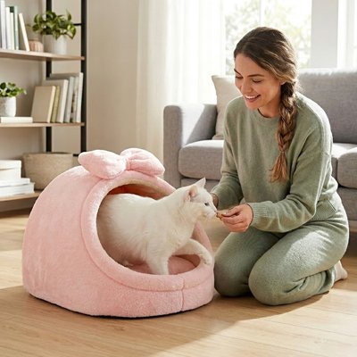 Niche pour chat en peluche rose avec nœud décoratif, illustré en situation de vie avec sa propriétaire