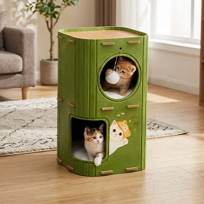 niche pour chat et chaton design en feutre vert avec deux niveaux de couchage
