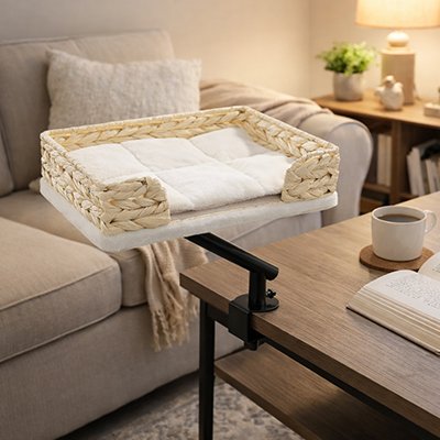 Panier chat en osier tressé avec coussin blanc, fixé au bord d'une table en bois