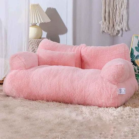 Panier pour chat de couleur rose dans un salon lumineux