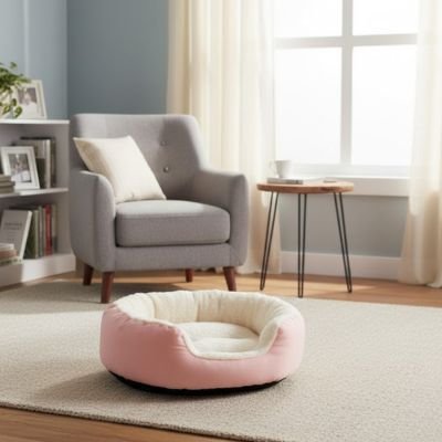 Panier pour chat de couleur rose et blanc, placé dans un salon lumineux.