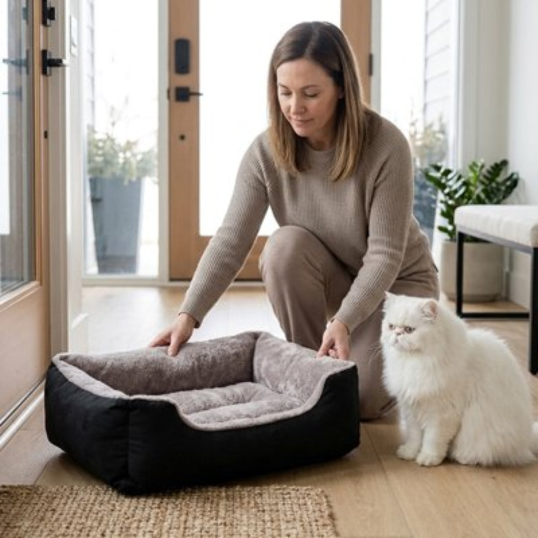 Panier pour chat déposé sur plancher en bois