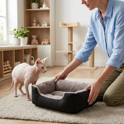 Panier pour chat déposé sur un tapis