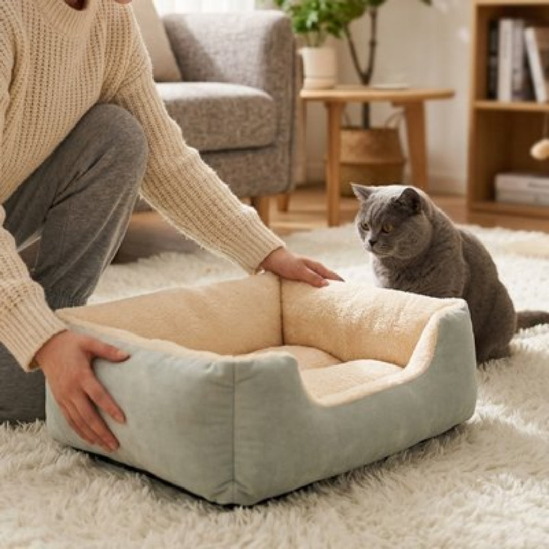 Panier pour chat sur un tapis dans un salon