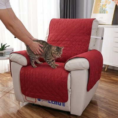 Une personne dépose un chat tigré sur une protection canapé chat de couleur bordeaux du fauteuil inclinable beige 