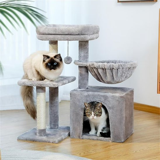 Petit arbre a chat​ en peluche gris clair posé sur un parquet en bois utilisé par deux chat