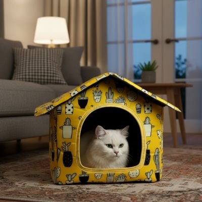 Petit chat roux reposant dans une maison pour chat colorée