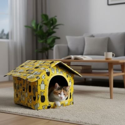 Petit chat roux reposant dans une maison pour chat colorée