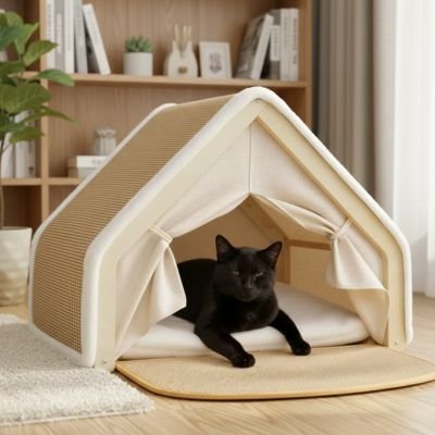 Un chat noir calme et apaisé dans une maison pour chat