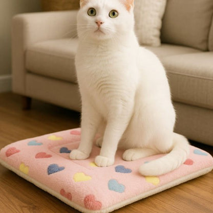 Tapis chat en peluche rose avec motifs de cœurs, utilisé par un chat blanc.