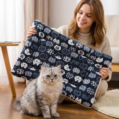 Tapis chat matelassé bleu marine avec motifs japonais, présenté par une femme