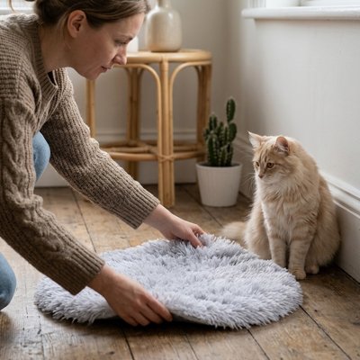 Tapis pour chat en peluche grise, présenté dans un salon avec un chat et sa propriétaire