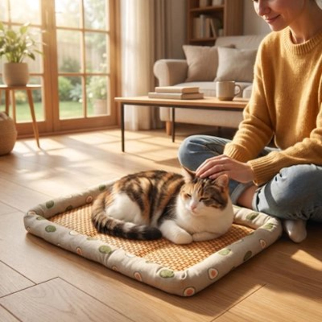 Tapis rafraichissant chat posé sur plancher en bois