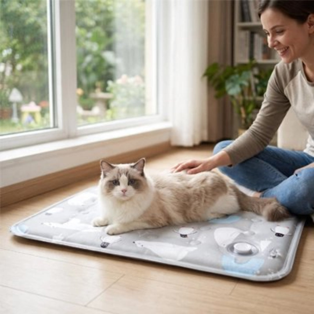 Tapis rafraichissant chat sur plancher dans le salon