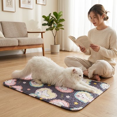 Tapis rafraichissant chat sur plancher en bois dans un salon