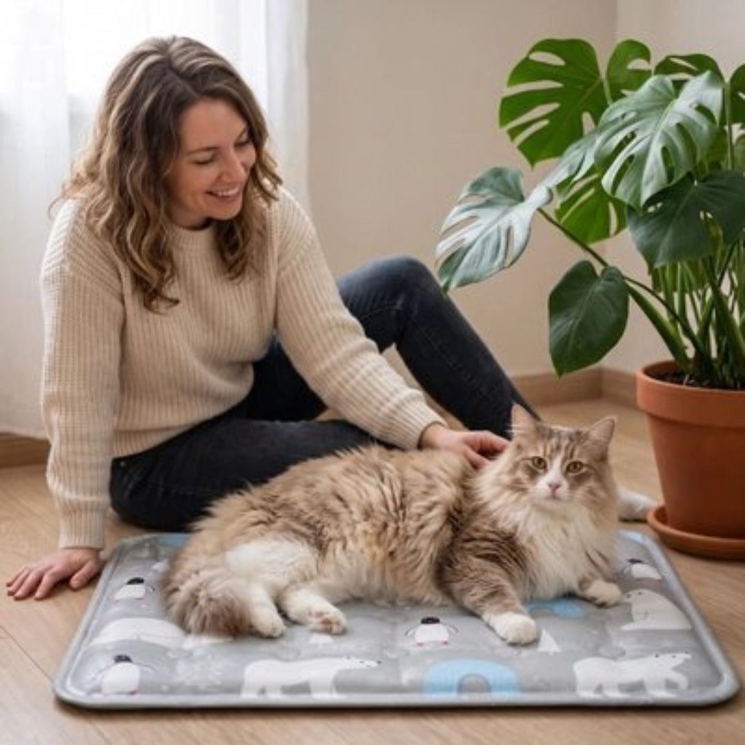 Tapis rafraichissant chat sur plancher