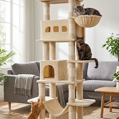 Trois chats sont bien amusés sur arbre à chat de couleur beige
