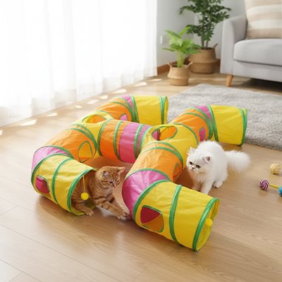 Tunnel chat posé sur un plancher en bois